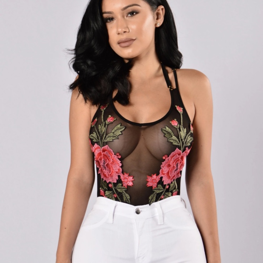 Fashion Nova Black Floral Bodysuit
